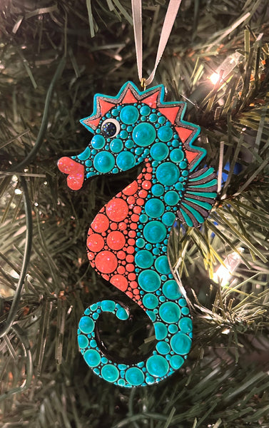 Turquoise and Coral Hand Painted Seahorse Ornament