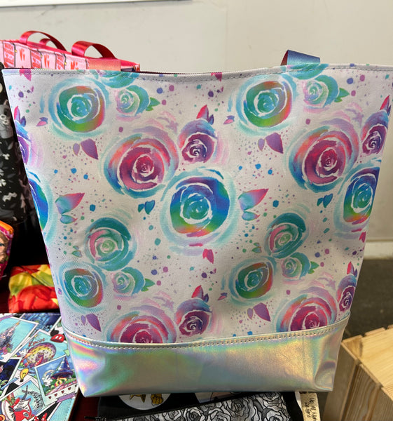 Rainbow Watercolor Roses Silver Base Medium Tote