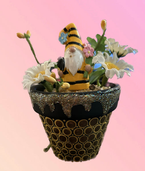 Small Bee Gnome Hand-painted Flower Pot