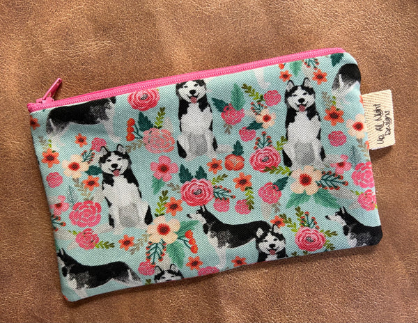 Floral Huskies Zipper Pouch