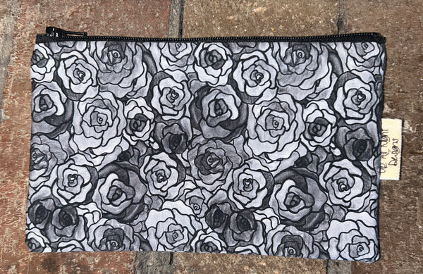 Black and White Roses Floral Zipper Pouch